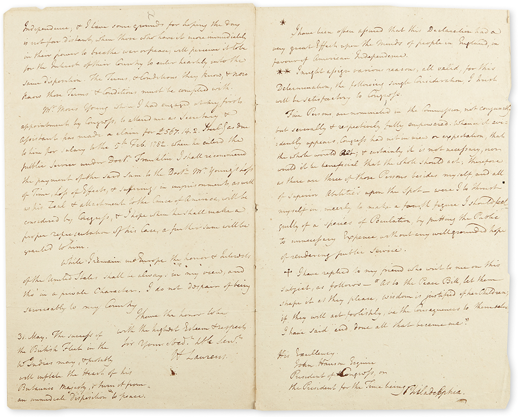 (AMERICAN REVOLUTION--1782.) Laurens, Henry. Letter detailing his imprisonment and release from the Tower of London.